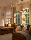 Sitting room with brown upholstered daybeds, large windows, sheer window treatments, pendant lighting, accent lamp, and side table