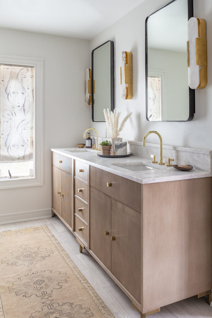 Mid-century modern ranch bathroom in Westfield, NJ with double vanity, white quartz countertops, and natural light-filled interior.