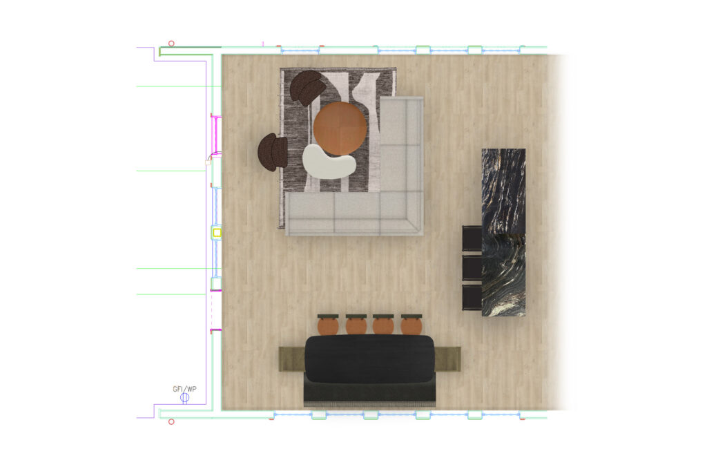 Hudson Valley home interior design rendering showing furniture layout and room plan