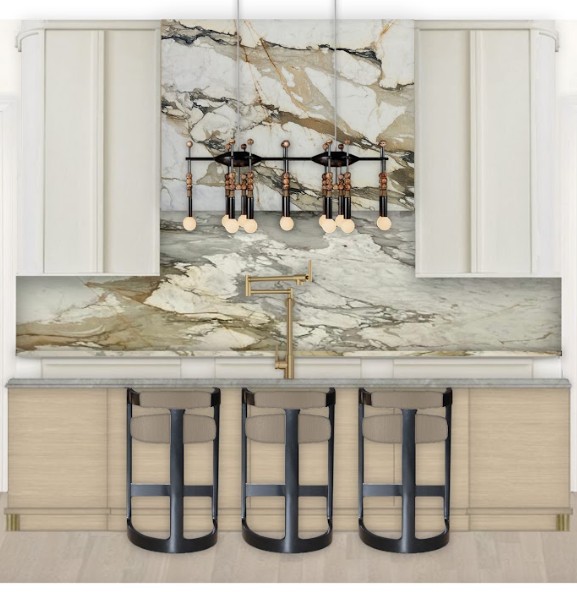 kitchen design rendering with custom cabinetry marble backsplash island seating and modern lighting