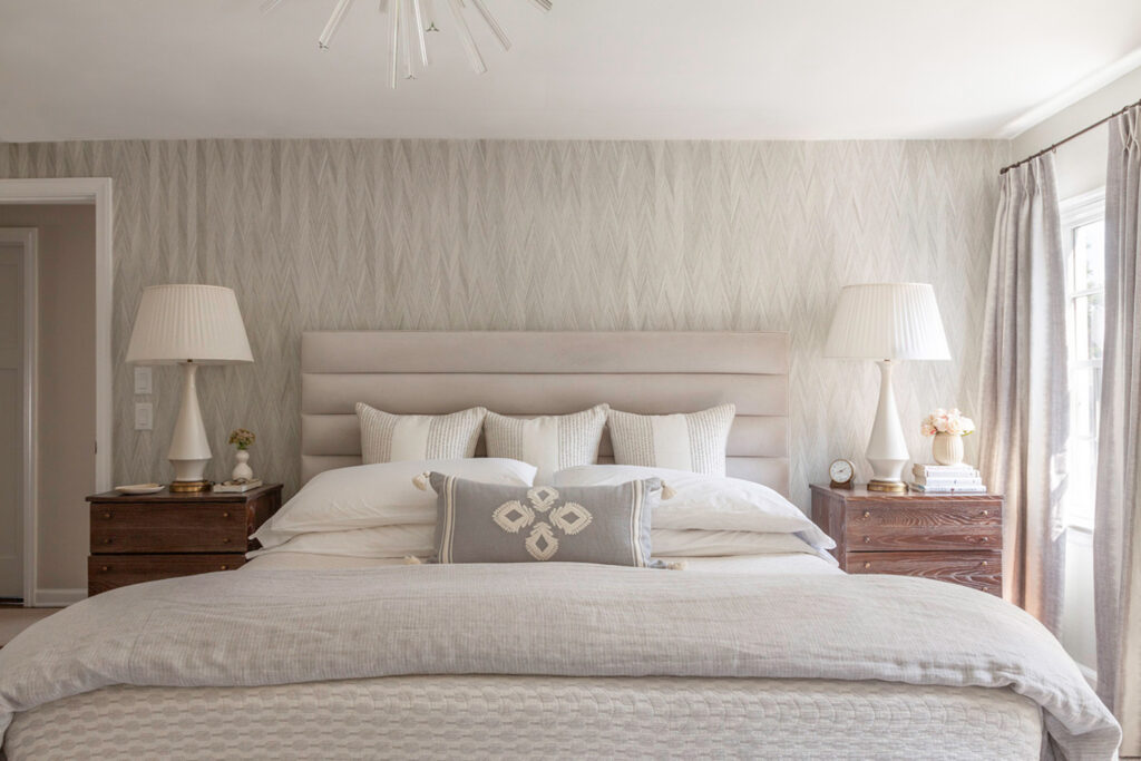 Primary bedroom in a Westfield NJ home featuring layered textures, soft neutral palette, and transitional interior design.